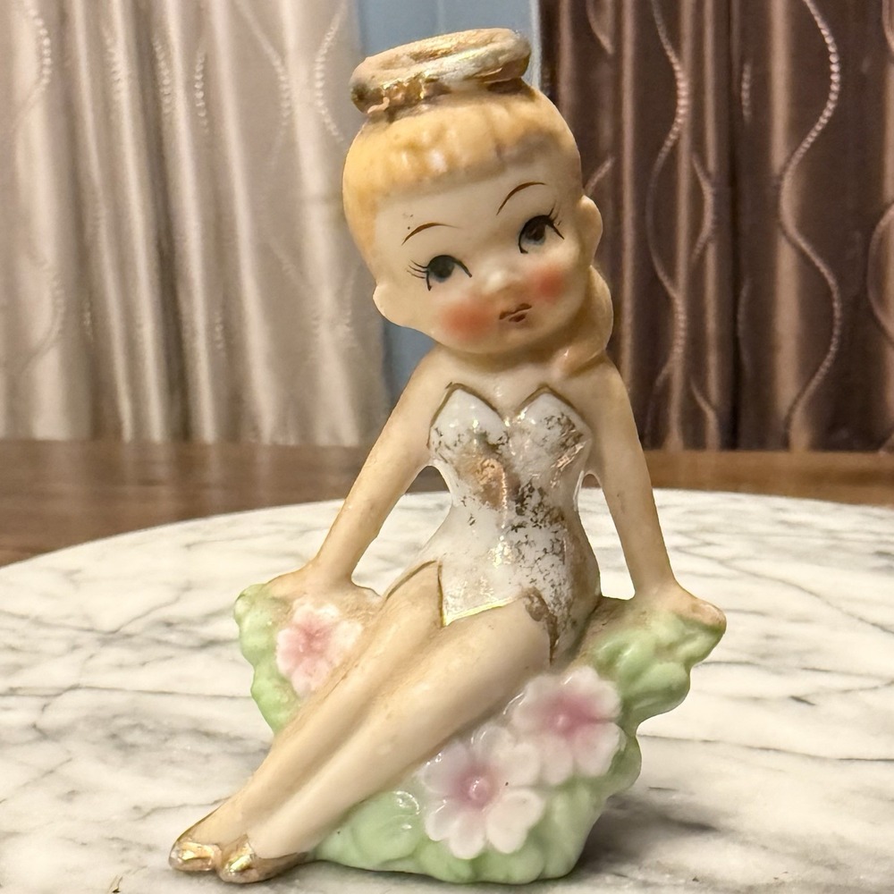 VTG 1950s MCM Kitsch Fairy Pixie Angel Ballerina Pink Flowers Gold Paint Japan